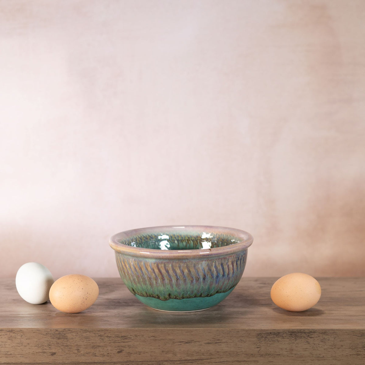 Handmade Pottery 6 Inch Mixing Bowl in Green Oribe pattern made by Georgetown Pottery in Maine