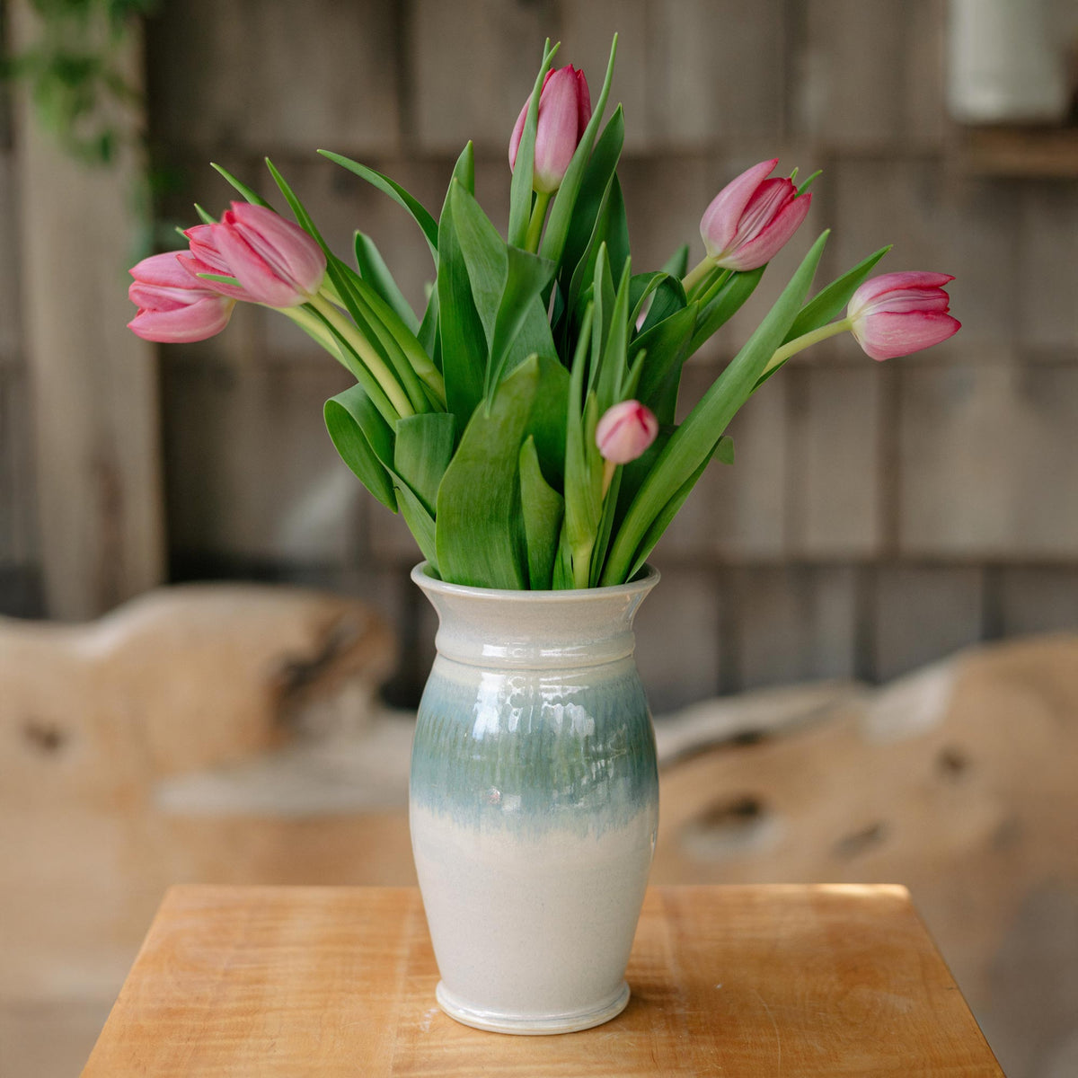 Handmade Garden Vase in Ivory Blue 
 pattern made by Georgetown Pottery in Maine 