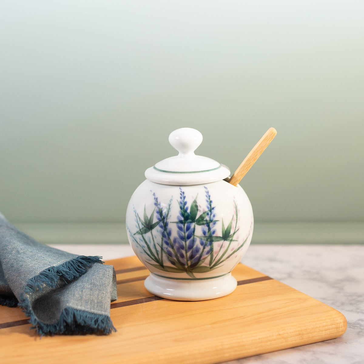 Handmade ceramic Sugar Jar in Lupine pattern made by Georgetown Pottery in Maine