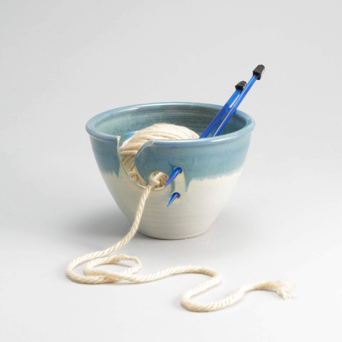 Handmade Pottery Yarn Bowl for Knitting  in Ivory & Blue pattern made by Georgetown Pottery in Maine
