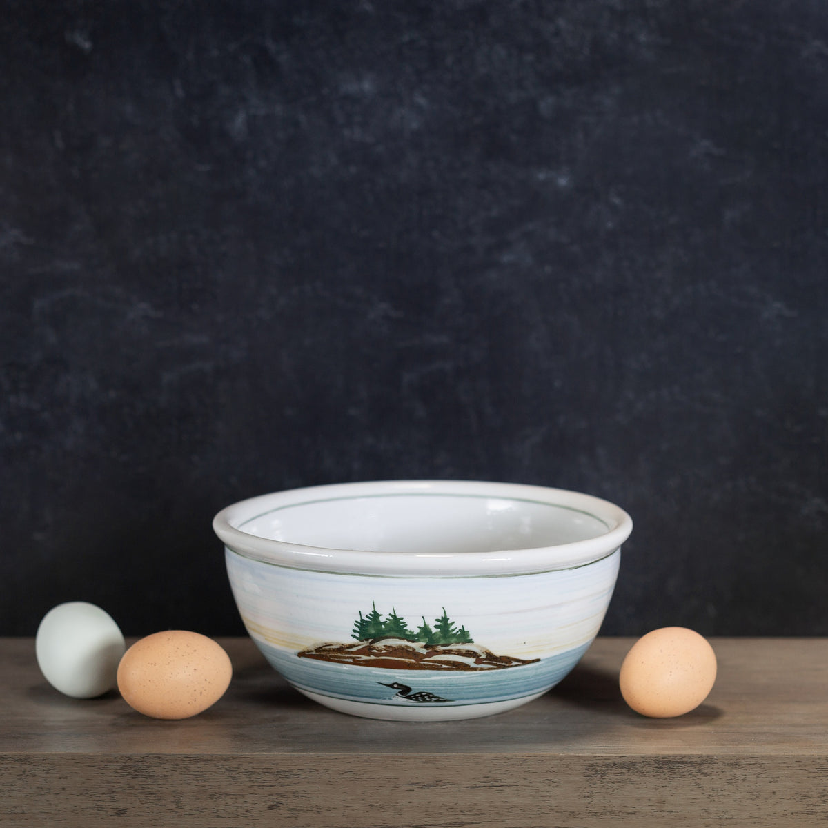 Handmade Pottery 8 Inch Mixing Bowl in Loon pattern made by Georgetown Pottery in Maine