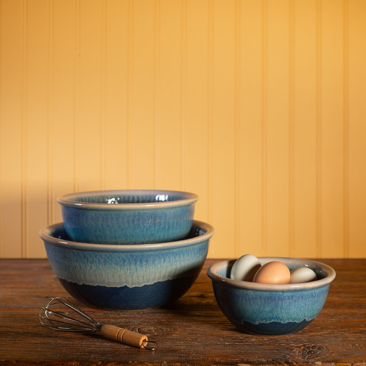 Handmade Pottery  Mixing Bowl Set of 3 (6,8,10) in Cobalt pattern made by Georgetown Pottery in Maine