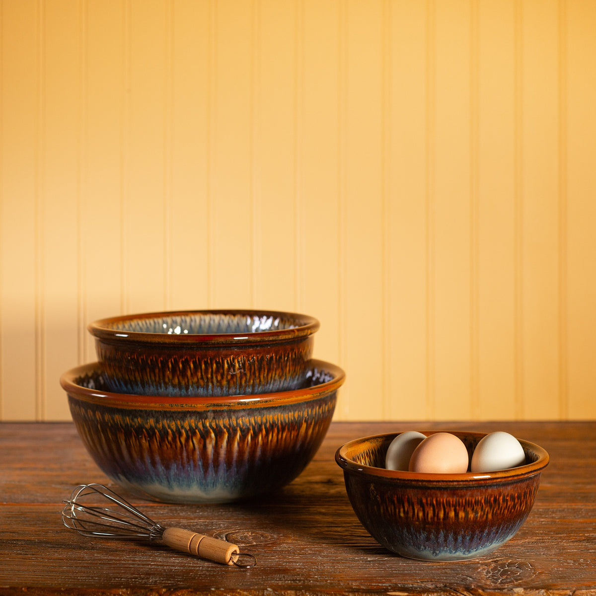 Handmade Pottery Mixing Bowl Set of 3 (6,8,10) in Purple Hamada pattern made by Georgetown Pottery in Maine