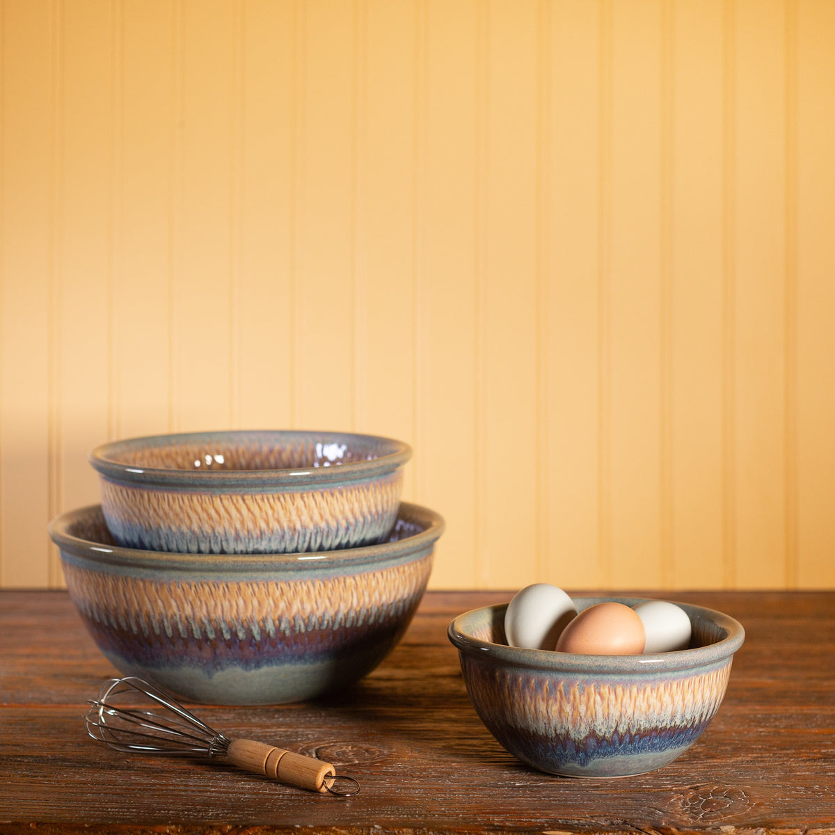 Handmade Pottery Mixing Bowl Set of 3 (6,8,10) in Purple Nuka pattern made by Georgetown Pottery in Maine