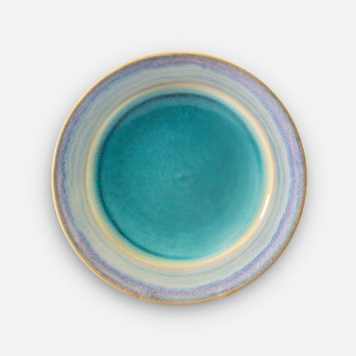 Handmade Pottery Classic Dinner Plate in Green Oribe pattern made by Georgetown Pottery in Maine