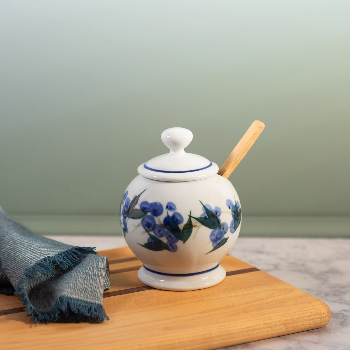 Handmade ceramic Sugar Jar in Blueberry pattern made by Georgetown Pottery in Maine