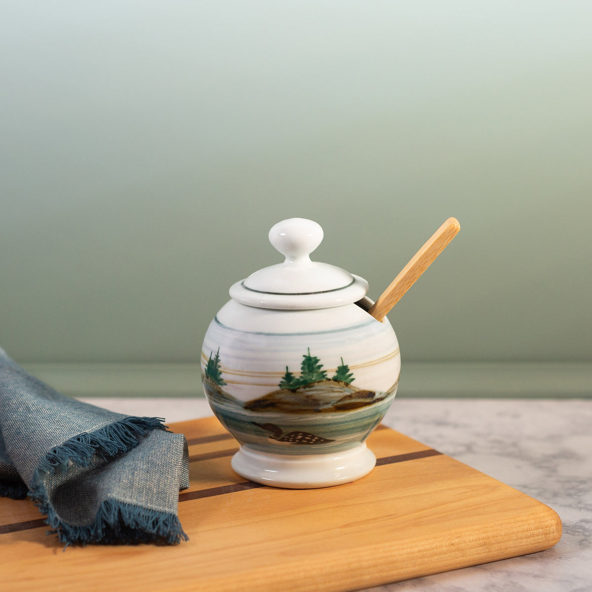 Handmade ceramic Sugar Jar in Loon pattern made by Georgetown Pottery in Maine