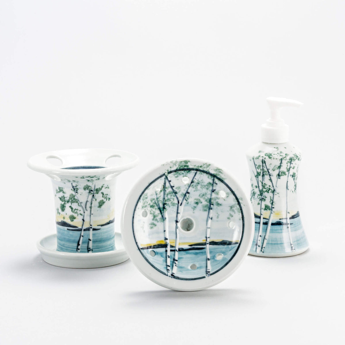 Ceramic Bathroom Set in Birch Point pattern handmade by Georgetown Pottery in Maine