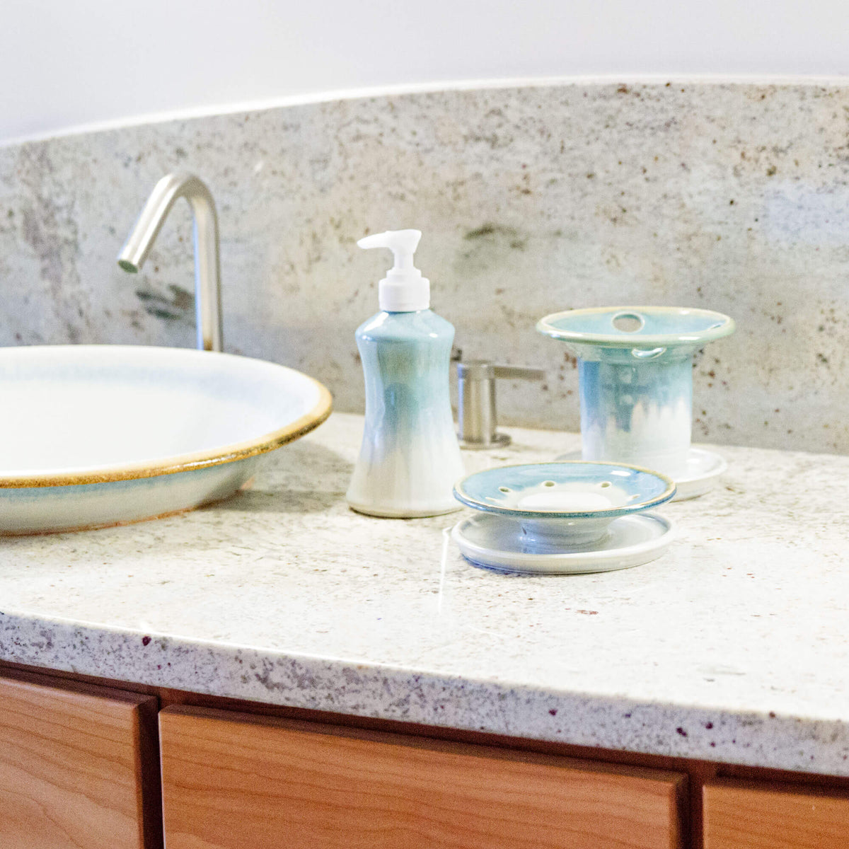 Handmade Ceramic Bathroom Set in Ivory Blue by Georgetown Pottery in Maine