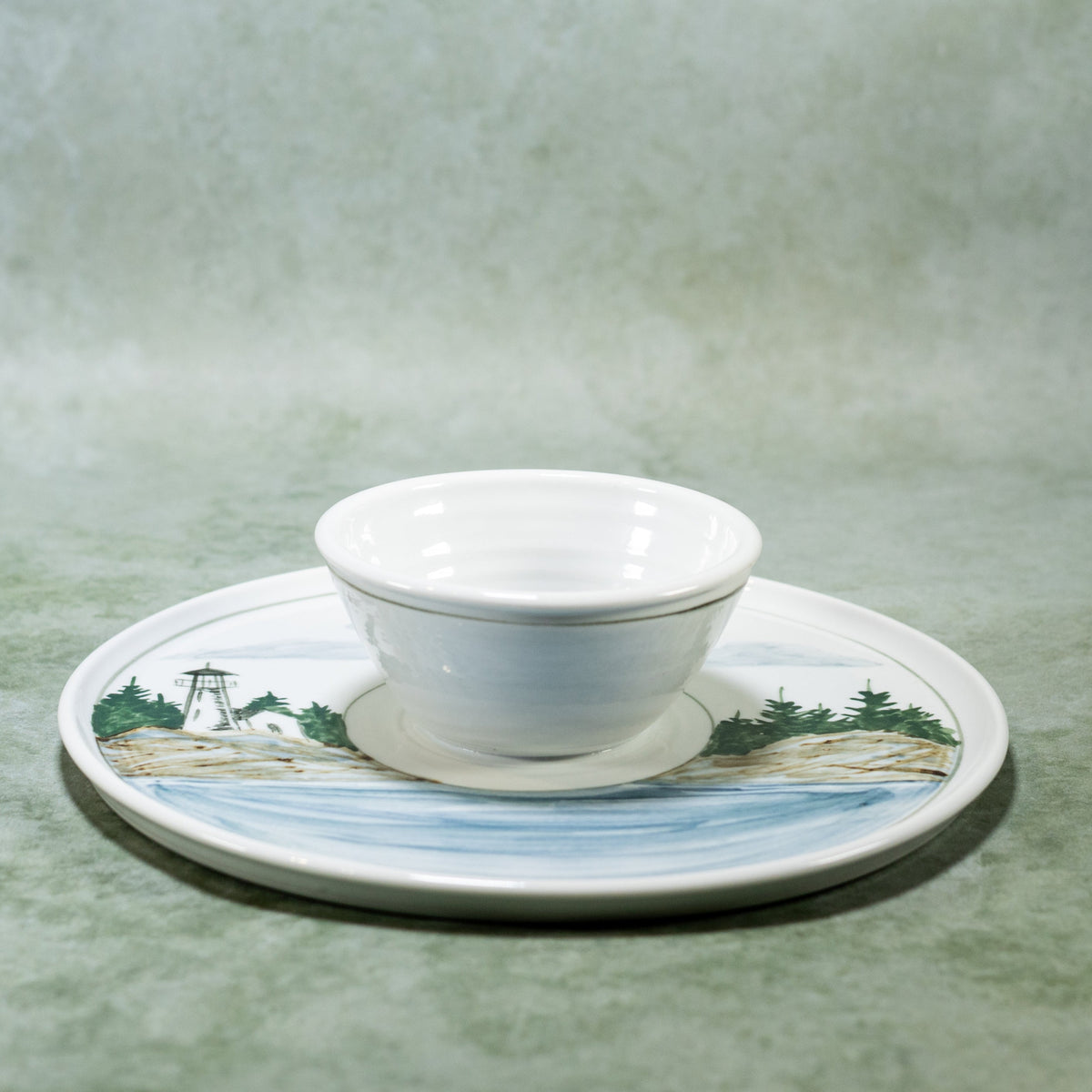 Ceramic Chip & Dip Tray in Lighthouse pattern  handmade by Georgetown Pottery in Maine