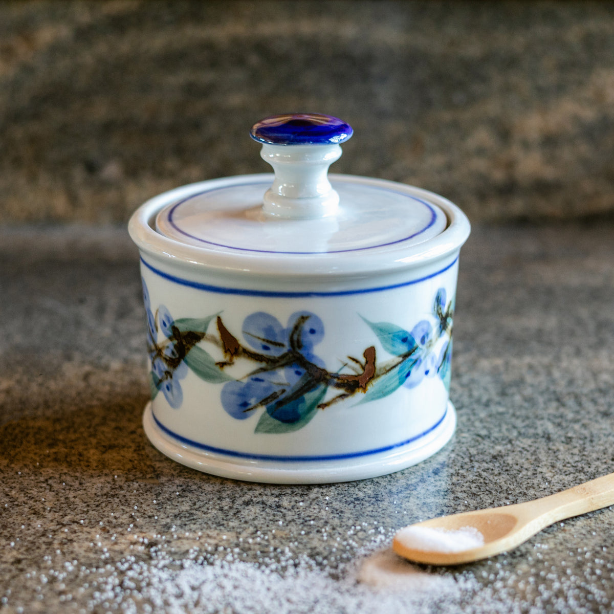 Handmade ceramic Salt Cellar in Blueberry pattern made by Georgetown Pottery in Maine