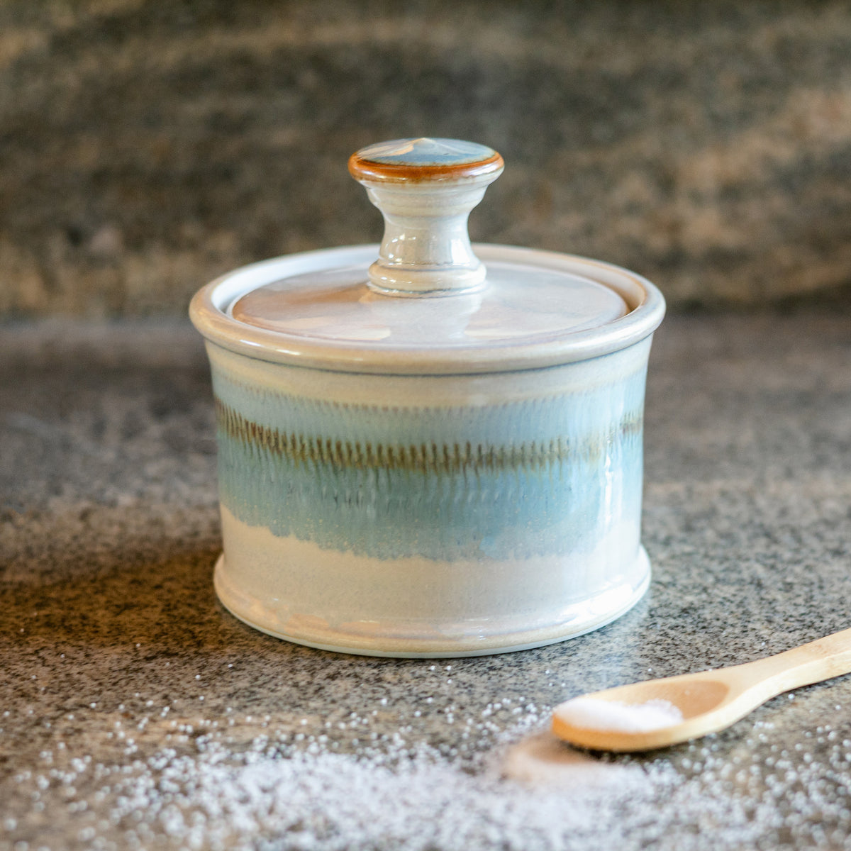 Handmade ceramic Salt Cellar in Ivory Blue made by Georgetown Pottery in Maine