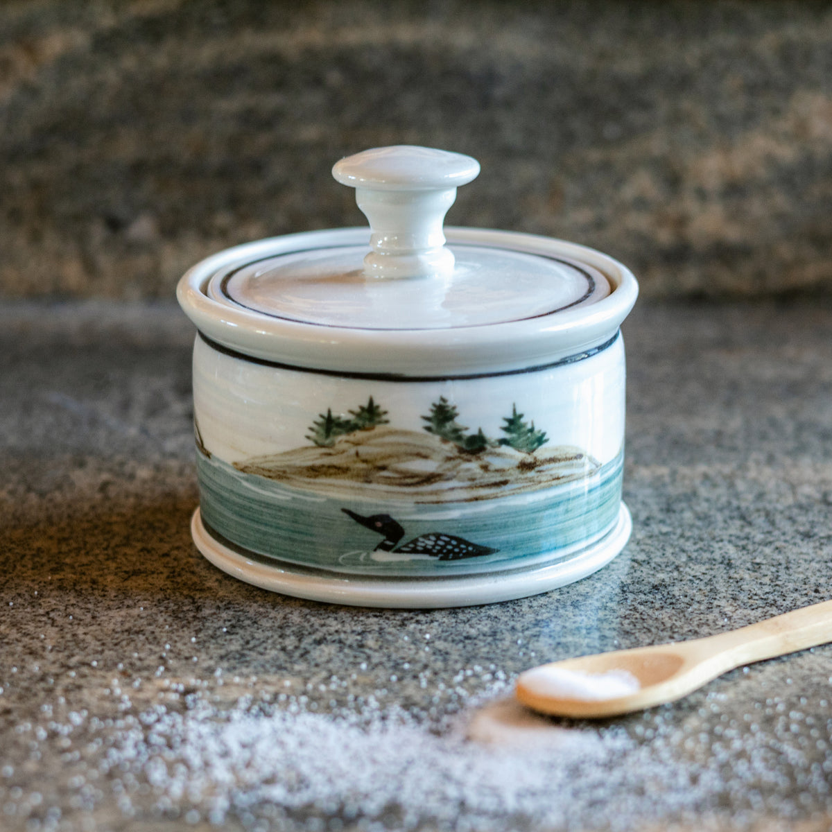 Handmade ceramic Salt Cellar in Loon pattern made by Georgetown Pottery in Maine