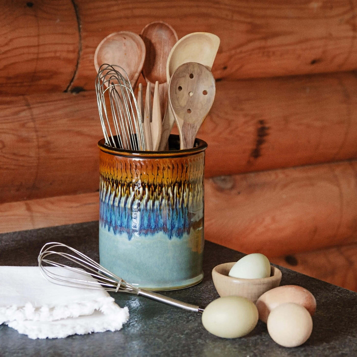 Handmade Pottery Utensil Holder in Purple Hamada pattern made by Georgetown Pottery in Maine