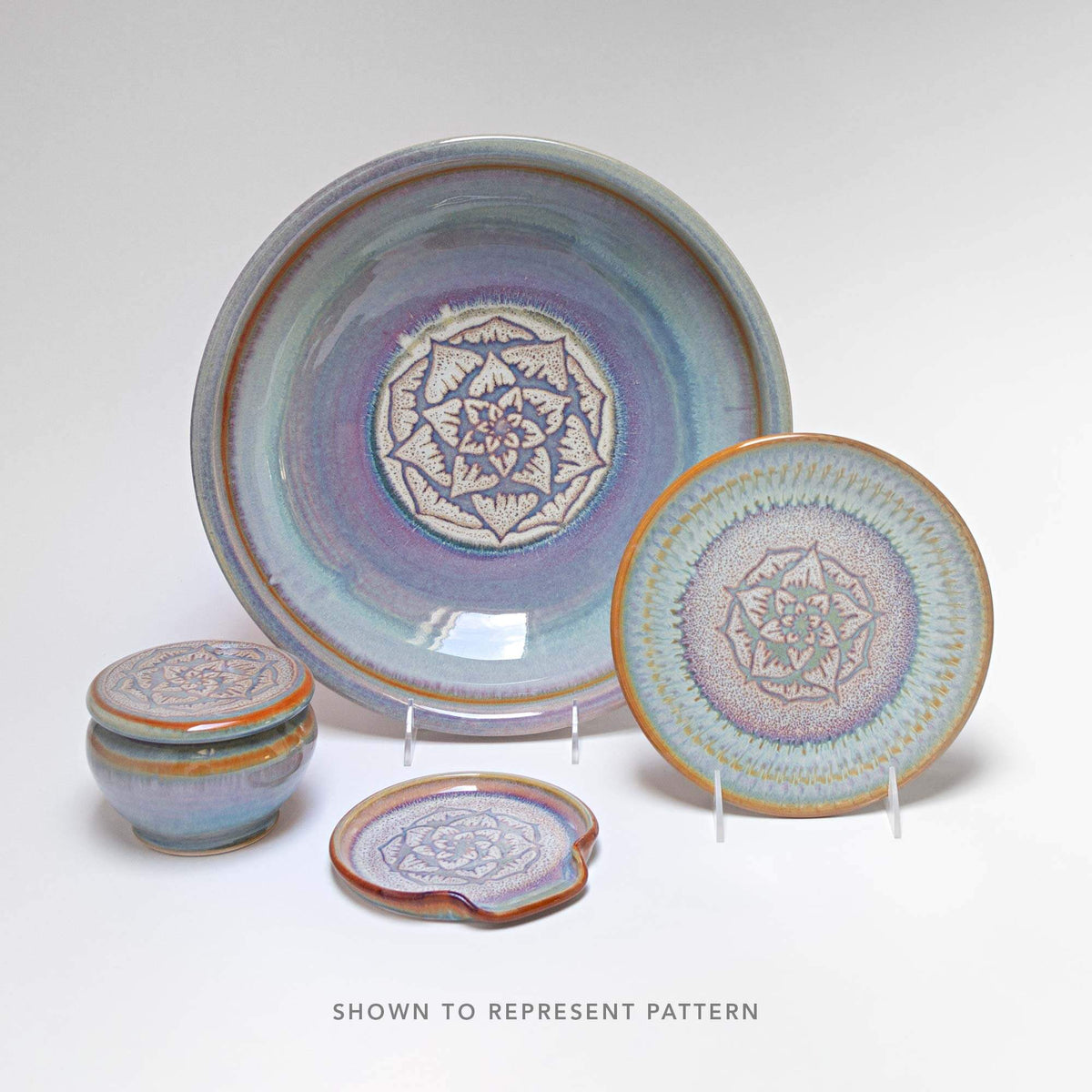 Handmade Pottery Oval Tray in Purple Celtic Flower pattern made by Georgetown Pottery in Maine