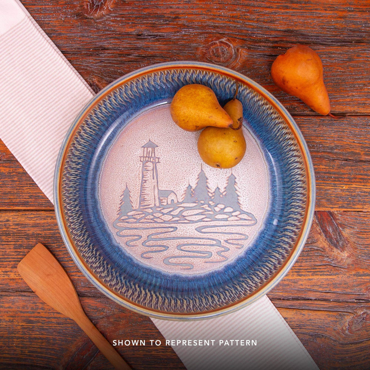 Handmade Pottery Large Chip & Dip in Purple Lighthouse pattern made by Georgetown Pottery in Maine