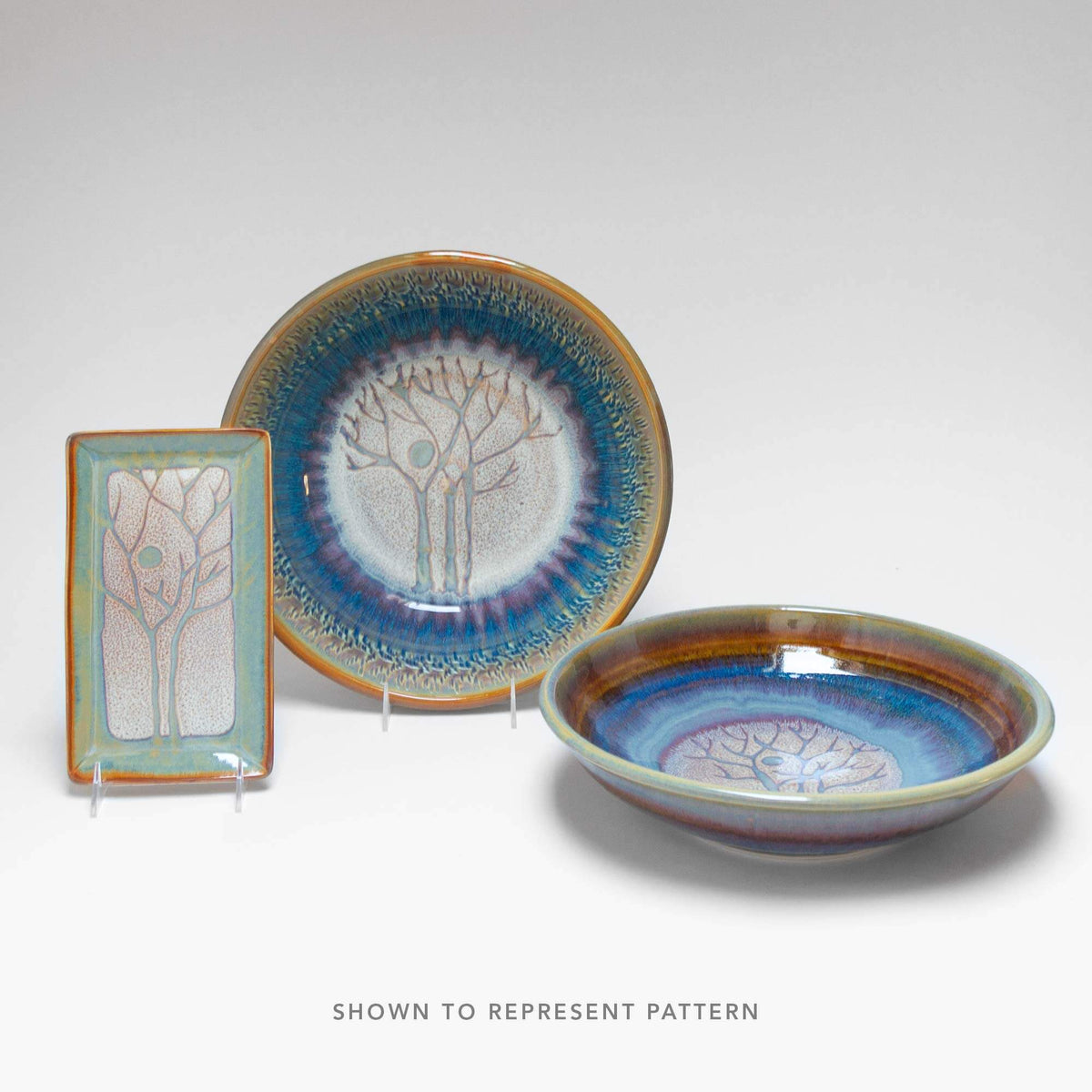 Handmade Pottery Tapas Plate in Purple Tree pattern made by Georgetown Pottery in Maine